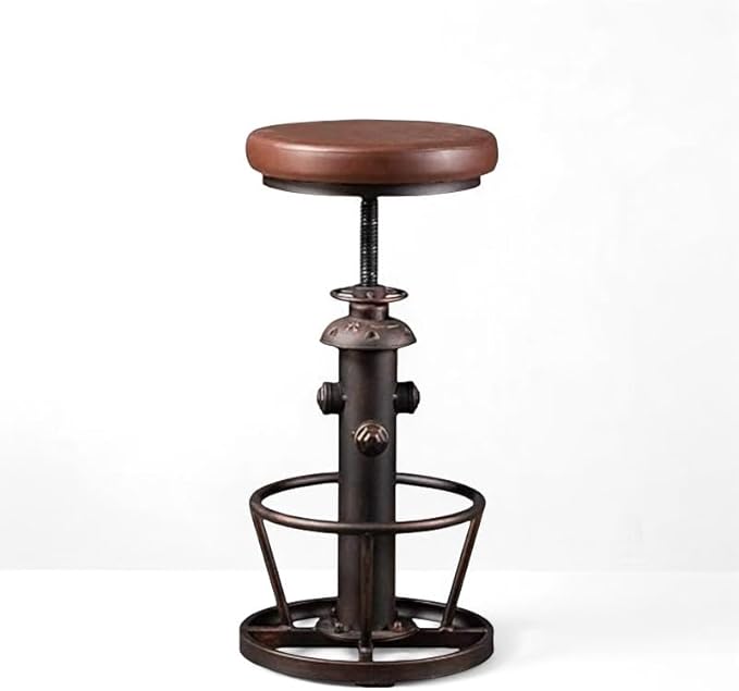 Vintage Swivel Bar Stools Industrial Leather Seat Bar Stool Fire Hydrant Design Kitchen Dinning Chair 24-30inch Height Adjustable with Footrest
