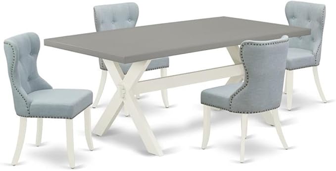 East West Furniture X097SI215-5 5 Piece Dining Set Includes a Rectangle Dining Room Table with X-Legs and 4 Baby Blue Linen Fabric Upholstered Parson Chairs, 40x72 Inch, Multi-Color