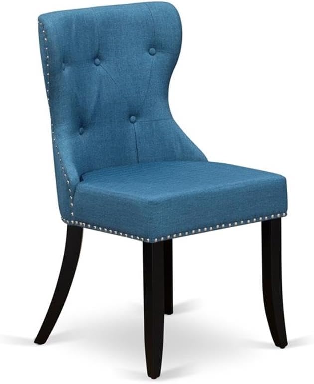 East West Furniture AMSI5-BCH-21 5 Piece Dining Room Furniture Set Includes a Round Kitchen Table with Pedestal and 4 Blue Linen Fabric Parsons Dining Chairs, 36x36 Inch, Black & Cherry