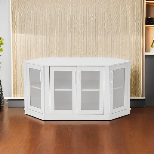 Panana Corner TV Stand - 47 Inch Media Console with 4 Doors and Shelves, Living Room Storage for TVs up to 51 Inch (White)