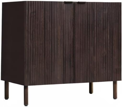 Sango Merk 2-Door Cabinet, Modern Walnut Storage Cabinet with Vertical Groove Doors, Adjustable Shelf, Cylindrical Wood Legs, Discreet Metal Finger Pulls, Stylish Furniture for Living or Dining Room