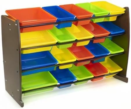 Humble Crew Extra-Large Toy Organizer with 20 Plastic Bins – Dark Walnut/Neon Storage Rack with 4-Tier Shelves, Anti-Tip Safety, for Kids’ Rooms, Playrooms, Nurseries & Classrooms