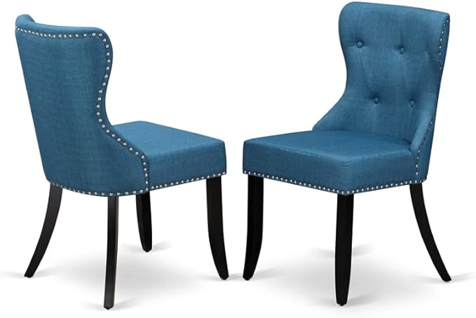 East West Furniture AMSI5-BCH-21 5 Piece Dining Room Furniture Set Includes a Round Kitchen Table with Pedestal and 4 Blue Linen Fabric Parsons Dining Chairs, 36x36 Inch, Black & Cherry