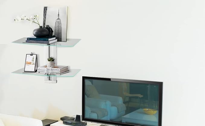 suptek 2 Tiers Glass Floating Shelves, Flat Black Wall Mount Bracket, AV Shelf, Media Shelf for DVD Player / PS4 / Cable Boxes/Game Consoles/Sky Box/TV Accessories, 17.6kg Load Capacity