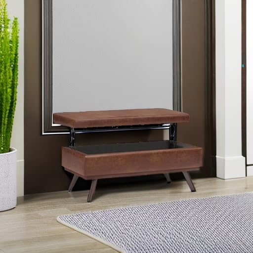 SIMPLIHOME Owen 42 inch Wide Mid Century Modern Rectangle Lift Top Large Coffee Table Storage Ottoman in Distressed Saddle Brown Vegan Faux Leather, Assembled, for the Living Room and Entryway
