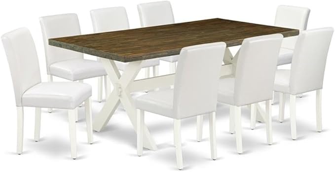 East West Furniture X077AB264-9 9 Piece Dining Room Furniture Set Includes a Rectangle Dining Table with X-Legs and 8 White Faux Leather Upholstered Chairs, 40x72 Inch, Multi-Color