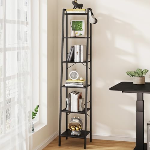 Ladder Shelf, Bookshelf Bookcase, Freestanding Corner Storage Shelve with 2 Hooks for Home Office, Living Room, Kitchen, Bedroom, Industrial, 6-Tier Black BC13304B
