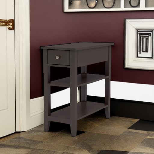 ChooChoo Side Table Living Room, Narrow End Table with Drawer and Shelf, 3-Tier Sofa End Table for Small Space, Espresso