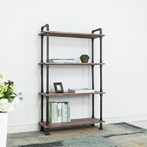 Industrial Bookcase, Solid Pine Open Wood Shelves, Rustic Modern Industrial Pipe and Solid Wood Style Bookshelf (4-Layers)