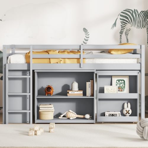 KEIKI Twin Size loft Bed with Pull-Out Desk & Drawers & Open Shelves, Wood Loft Bed with Guardrail, Low Twin Bed for Kids, Grey