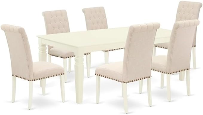 East West Furniture LGBR7-LWH-02 7 Piece Dining Table Set Consist of a Rectangle Dinner Table with Butterfly Leaf and 6 Light Beige Linen Fabric Parson Chairs, 42x84 Inch, Linen White