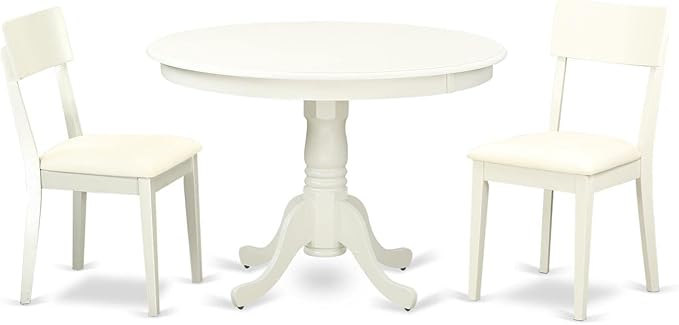 East West Furniture HLAD3-LWH-LC 3 Piece Dining Table Set for Small Spaces Contains a Round Dining Room Table with Pedestal and 2 Faux Leather Upholstered Chairs, 42x42 Inch, Linen White
