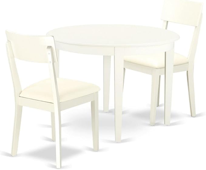 East West Furniture BOAD3-LWH-LC 3 Piece Dining Table Set for Small Spaces Contains a Round Kitchen Table and 2 Faux Leather Kitchen Dining Chairs, 42x42 Inch, Linen White