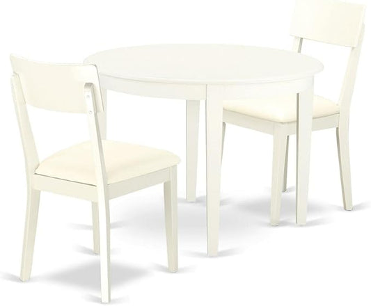 East West Furniture BOAD3-LWH-LC 3 Piece Dining Table Set for Small Spaces Contains a Round Kitchen Table and 2 Faux Leather Kitchen Dining Chairs, 42x42 Inch, Linen White