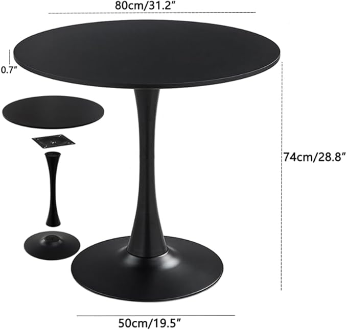 31.2" Tulip Dining Table, Black, Perfect for 2-4 People, Mid-Century Modern Style, Round MDF Top with Sturdy Base for Dining Room, Living Room, Cafe