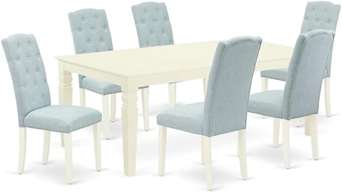 East West Furniture LGCE7-LWH-15 7 Piece Modern Dining Table Set Consist of a Rectangle Wooden Table with Butterfly Leaf and 6 Baby Blue Linen Fabric Parson Chairs, 42x84 Inch, Linen White
