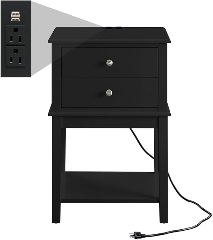 conifferism Black Nightstand, 28" Tall Bedroom Night Stand with Charging Station, Large Sofa Side Table 2 Drawers, Modern Bedside End Table with USB Ports Living Room