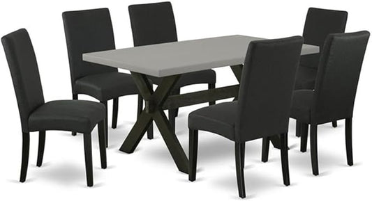 East West Furniture X696DR124-7 7 Piece Dining Set Consist of a Rectangle Dining Room Table with X-Legs and 6 Black Color Linen Fabric Upholstered Chairs, 36x60 Inch, Multi-Color
