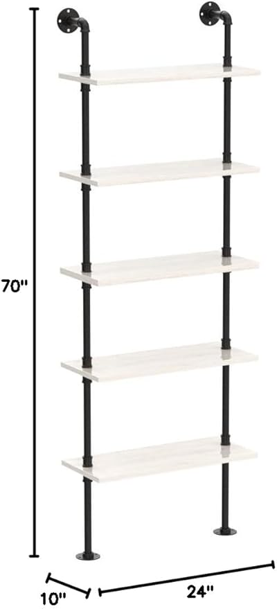 Pipe Shelves, 5 Tier Industrial Ladder Bookcase, Wall Mounted Metal Wood Rustic Bookshelf (White, 5 Tier - 10" D x 24" W x 70" H)