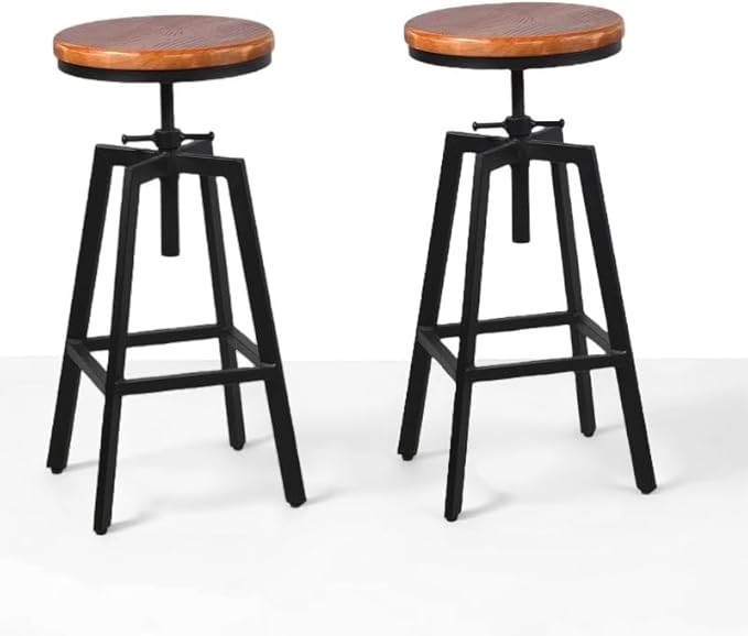 Set of 2 Vintage Bar Stools 25.6-31.5inch Height Adjustable Farmhouse Dinning Stool Swivel Wooden Seat Kitchen Island Counter Chair
