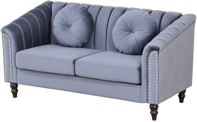 60" Loveseat Sofa, Microfiber Chesterfield Upholstered Sofas Love Seat, Couch Chair Sets with Style Button Tufted, Scroll Arms and Nailhead for Living Room, Office, Grey