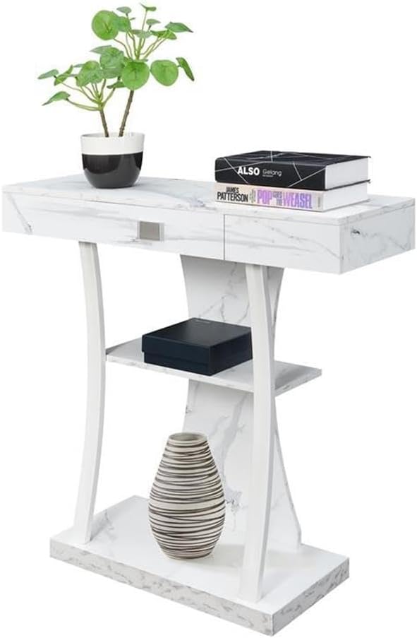 Convenience Concepts Newport Harri Console Table 36" - Modern Sofa Table with Storage Shelves, One Drawer Narrow Entryway Hall Table for Living Room, White Faux Marble/White