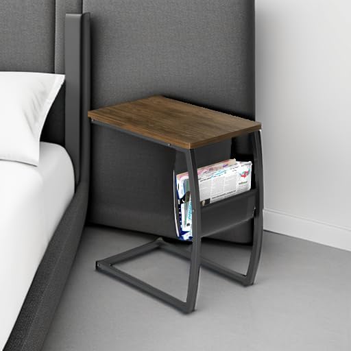 SRIWATANA Side Table End Table, Vintage C Shaped Couch Table with Side Pocket for Sofa Laptop Coffee Snack, Walnut