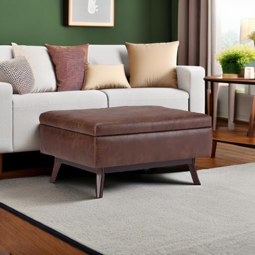 SIMPLIHOME Owen 34 inch Wide Mid Century Modern Rectangle Coffee Table Storage Ottoman in Distressed Saddle Brown Vegan Faux Leather, Assembled, For the Living Room, Entryway and Family Room