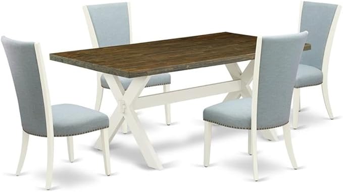 East West Furniture X077VE215-5 5 Piece Kitchen Table & Chairs Set Includes a Rectangle Dining Room Table with X-Legs and 4 Baby Blue Linen Fabric Parsons Chairs, 40x72 Inch, Multi-Color