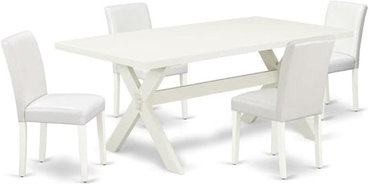East West Furniture X027AB264-5 5 Piece Dining Table Set Includes a Rectangle Dining Room Table with X-Legs and 4 White Faux Leather Parsons Chairs, 40x72 Inch, Multi-Color