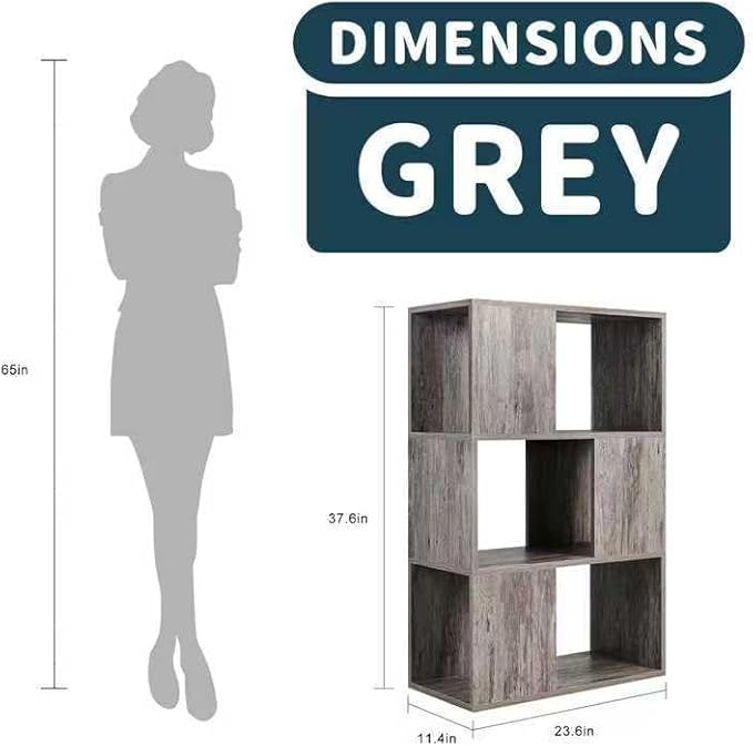 GHC 3 Tier Bookshelf, Wood Decorative Storage Shelving, Modern Freestanding Display Shelves, Tall Book Shelf Unit for Living Room, Bedroom, Office-Gray