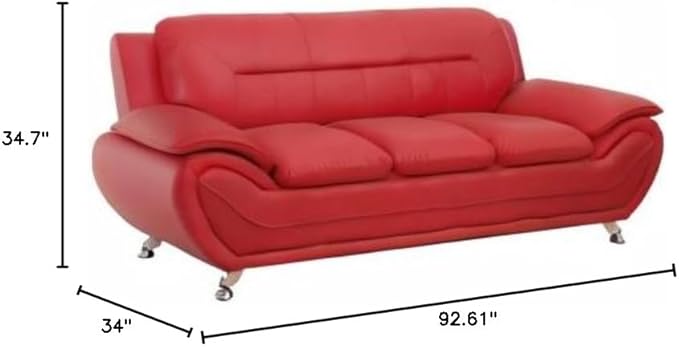 Container Furniture Direct Michael Modern Faux Leather Upholstered Stainless Steel Legs Living Room Sofa, Persian Red