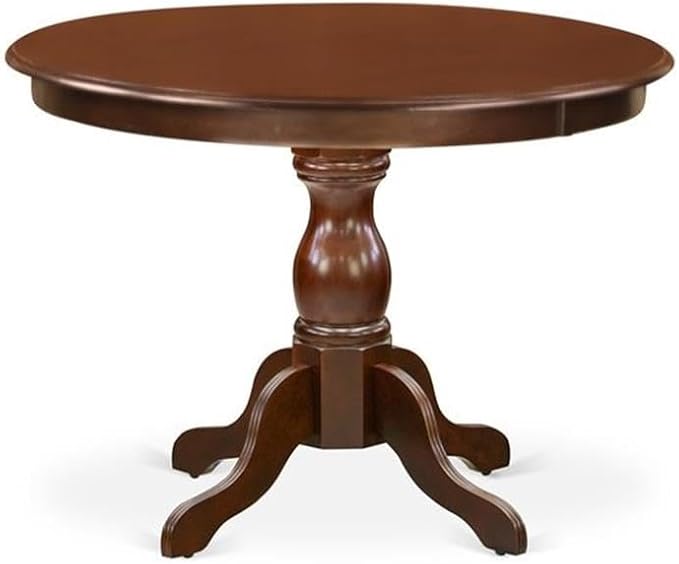 East West Furniture HBDU5-MAH-C 5 Piece Modern Dining Table Set Includes a Round Wooden Table with Pedestal and 4 Linen Fabric Dining Room Chairs, 42x42 Inch, Mahogany