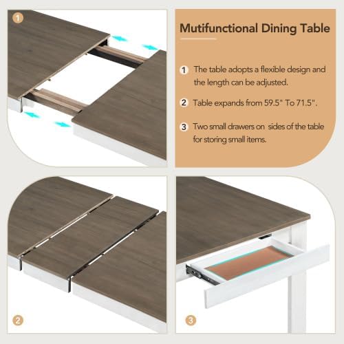 SogesHome 7-Piece Dining Table Set for 6-8 People, Extendable Solid Rubber Wood Kitchen Table with Leaf & 2 Storage Drawers, Chairs with Soft Cushion, Perfect for Kitchen, Dining Room (Brown + White)