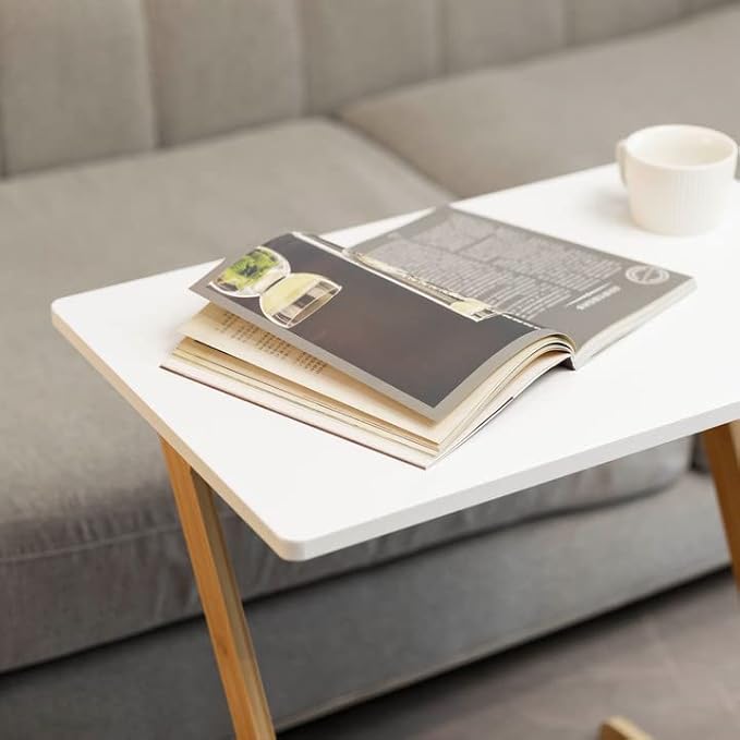 Forevich Bamboo Modern Tv Trays Table for Eating, Wood Couch Table End Snack Desk Sofa Side Table Z Shaped White