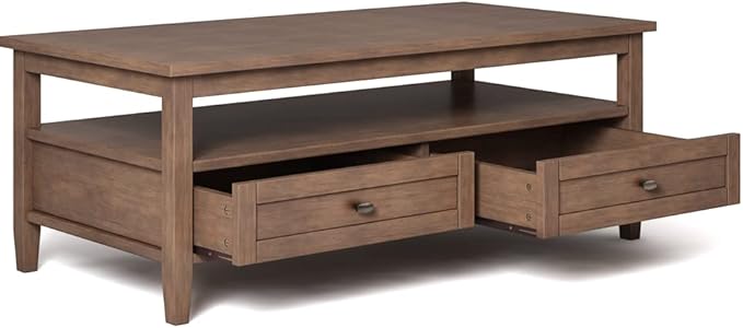 SIMPLIHOME Warm Shaker Coffee Table - 48 inch Wide Solid Wood Cocktail Table in Rustic Natural Aged Brown, Transitional Living Room Table with 2 Storage Drawers and Open Shelf for Sitting Area