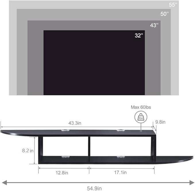 GHC Floating TV Stand, Wall Mounted Entertainment Center and Cabinet Shelf, TV Console with Storage, Media Console for DVD Player, Space-Saving Under TV Shelf for Bedroom, Living Room (Black)
