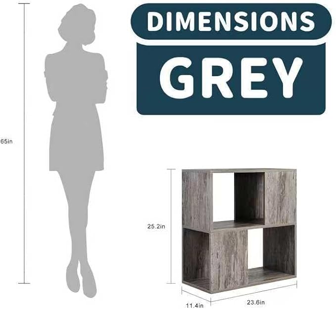 GHC 2 Tier Bookshelf, Wood Decorative Storage Shelving, Modern Freestanding Display Shelves, Tall Book Shelf Unit for Living Room, Bedroom, Office-Gray