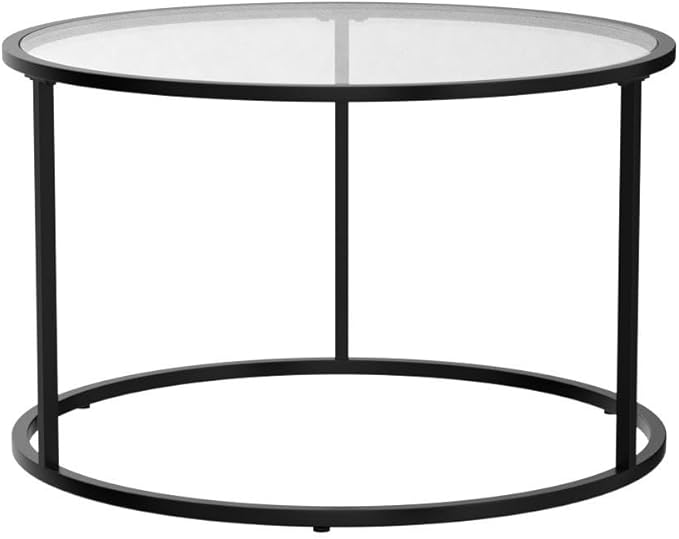 SAYGOER Round Coffee Table Glass Coffee Tables for Small Space Simple Modern Center Table for Living Room Home Office, Sofa Side Table with Metal Steel Frame, Easy Assembly, Gray Black