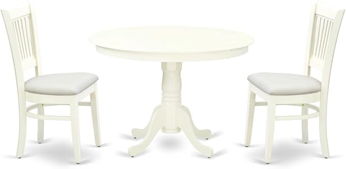 East West Furniture HLVA3-LWH-C 3 Piece Kitchen Table & Chairs Set Contains a Round Dining Table with Pedestal and 2 Linen Fabric Dining Room Chairs, 42x42 Inch, Linen White