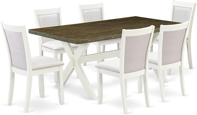 East West Furniture X077MZ001-7 7 Piece Dining Room Furniture Set Consist of a Rectangle Dining Table with X-Legs and 6 Cream Linen Fabric Upholstered Chairs, 40x72 Inch, Multi-Color