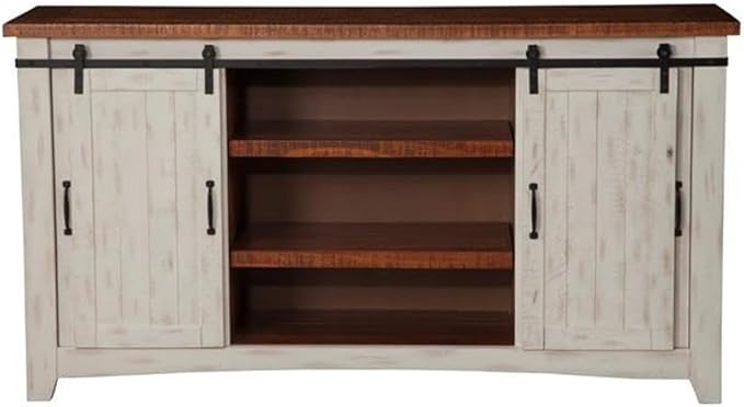 Martin Svensson Home Rustic 65” Solid Wood TV Stand with Storage, White and Aged Distressed Pine