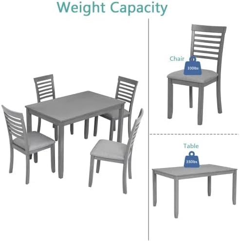 5-Piecern Dining Table Set, Kitchen Set with One Rectangular Table and 4 Upholstered Chairs, Living Room Chairs with Ladder Backrest and Comfortable Seat Cushion, Wooden Dining Furniture, Gary