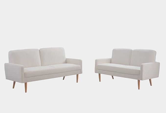 Kent 2 Piece Velvet Sofa and Loveseat Set, European Style with Modern & Vintage Flair, Upholstered 5 Seater Couch, Chic Living Room Furniture Seating for Home, Apartment or Office, Ivory