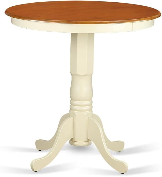East West Furniture EDVN3-WHI-W 3 Piece Counter Height Dining Table Set Contains a Round Wooden Table with Pedestal and 2 Kitchen Dining Chairs, 30x30 Inch, Buttermilk & Cherry