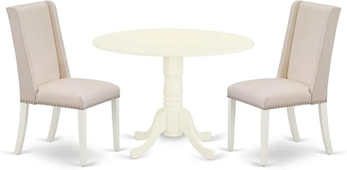 East West Furniture DLFL3-WHI-01 3 Piece Kitchen Table Set Contains a Round Dining Room Table with Dropleaf and 2 Cream Linen Fabric Upholstered Chairs, 42x42 Inch, Linen White