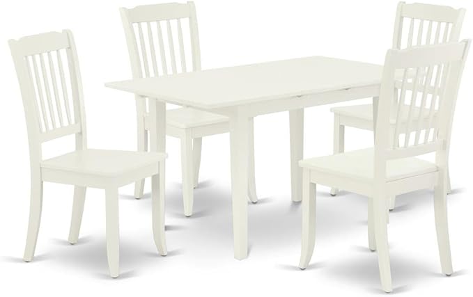 East West Furniture NODA5-LWH-W 5 Piece Modern Dining Table Set Includes a Rectangle Wooden Table with Butterfly Leaf and 4 Dining Chairs, 32x54 Inch, Linen White