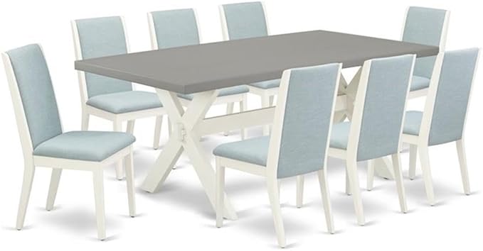 East West Furniture X097LA015-9 9 Piece Kitchen Table Set Includes a Rectangle Dining Table with X-Legs and 8 Baby Blue Linen Fabric Parsons Dining Chairs, 40x72 Inch, Multi-Color