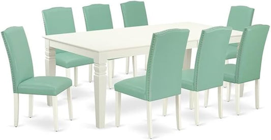 East West Furniture LGEN9-LWH-57 9 Piece Modern Dining Table Set Includes a Rectangle Wooden Table with Butterfly Leaf and 8 Pond Faux Leather Upholstered Chairs, 42x84 Inch, Linen White