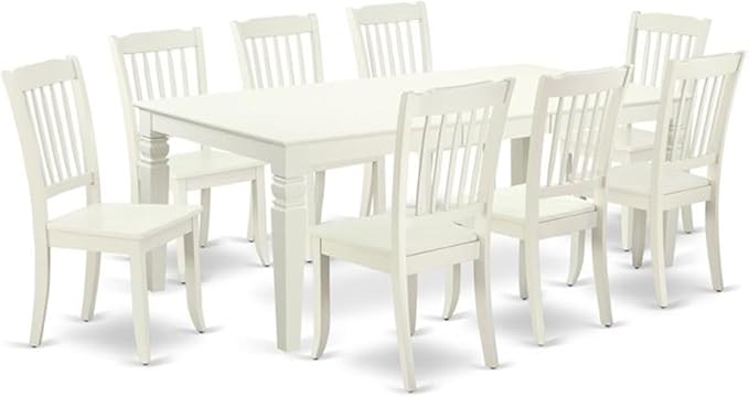 East West Furniture LGDA9-LWH-W 9 Piece Dining Room Table Set Includes a Rectangle Kitchen Table with Butterfly Leaf and 8 Dining Chairs, 42x84 Inch, Linen White